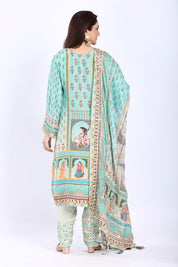 Sea Green Straight-Cut Kurti Set with Dupatta and Pants in Traditional Print