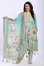 Sea Green Straight-Cut Kurti Set with Dupatta and Pants in Traditional Print