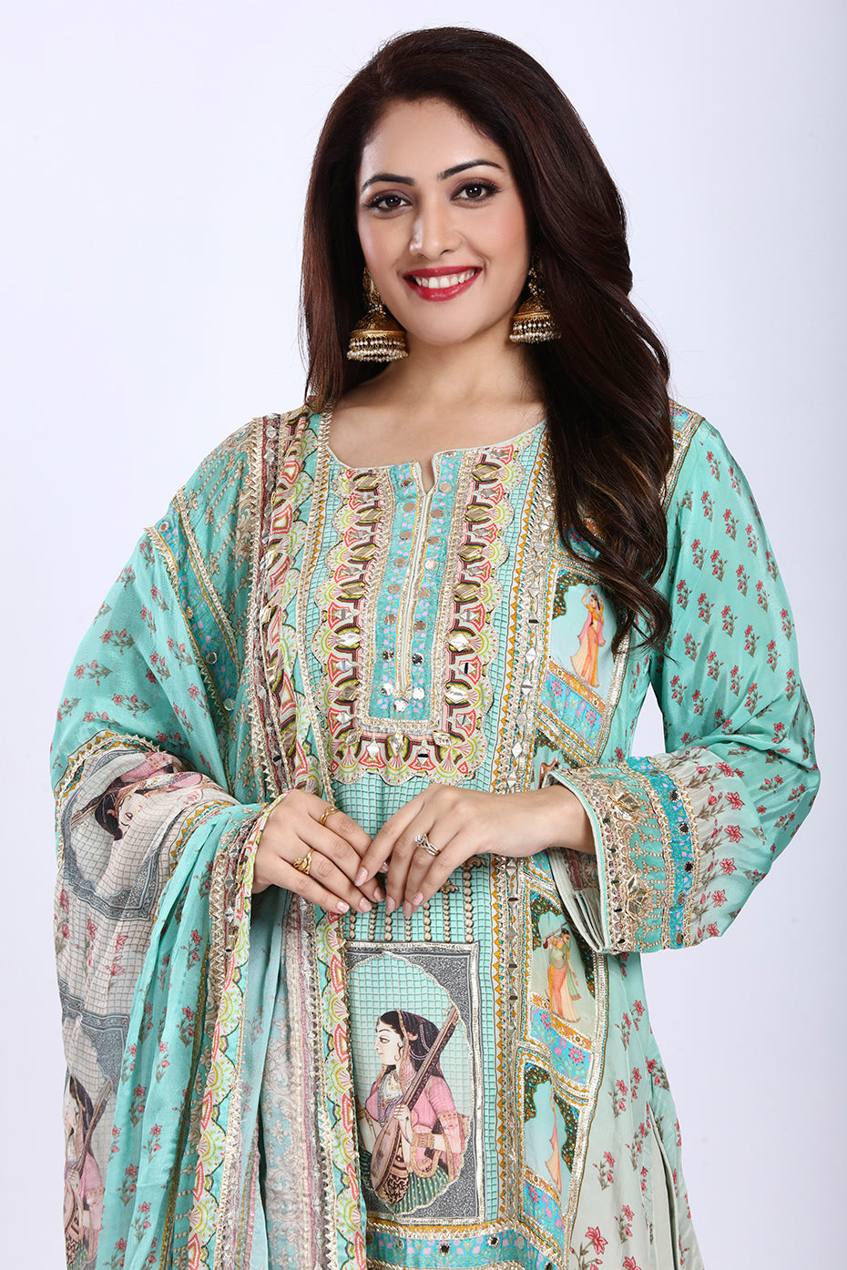 Sea Green Straight-Cut Kurti Set with Dupatta and Pants in Traditional Print