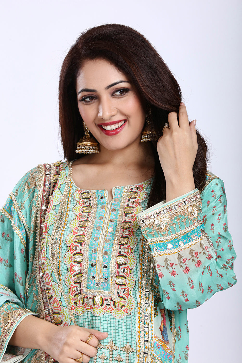 Sea Green Straight-Cut Kurti Set with Dupatta and Pants in Traditional Print