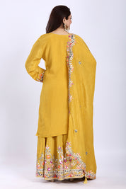 Bright Mustard Yellow Kurta Palazzo Set with Dupatta in Crush Tissue Fabric