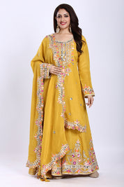 Bright Mustard Yellow Kurta Palazzo Set with Dupatta in Crush Tissue Fabric