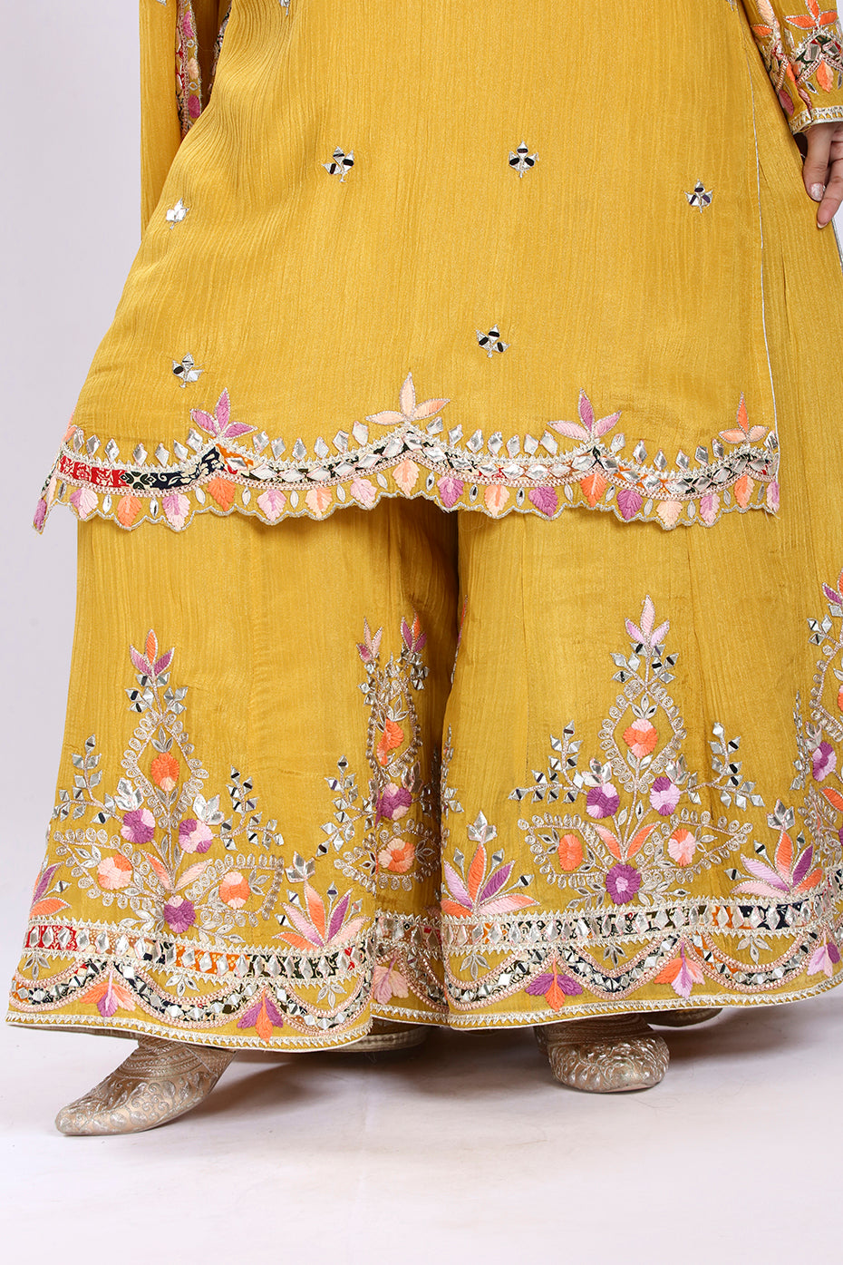 Bright Mustard Yellow Kurta Palazzo Set with Dupatta in Crush Tissue Fabric