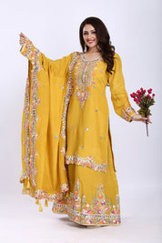 Bright Mustard Yellow Kurta Palazzo Set with Dupatta in Crush Tissue Fabric