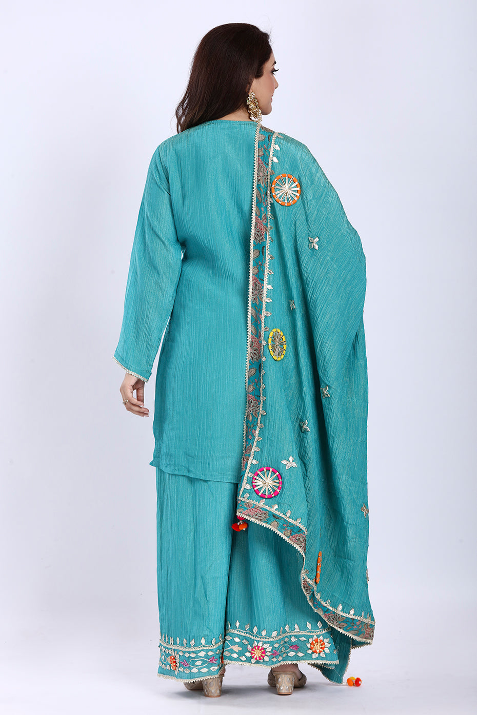 Turquoise Blue Kurta Palazzo Set with Dupatta in Crush Tissue Fabric