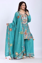 Turquoise Blue Kurta Palazzo Set with Dupatta in Crush Tissue Fabric