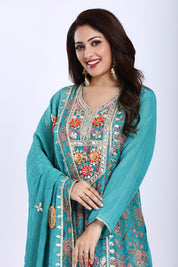 Turquoise Blue Kurta Palazzo Set with Dupatta in Crush Tissue Fabric