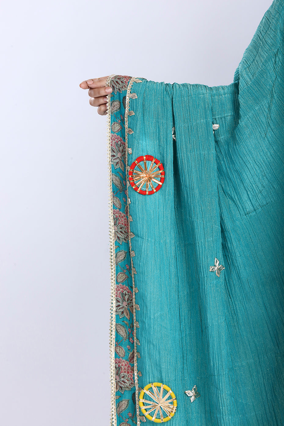 Turquoise Blue Kurta Palazzo Set with Dupatta in Crush Tissue Fabric