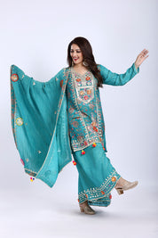 Turquoise Blue Kurta Palazzo Set with Dupatta in Crush Tissue Fabric