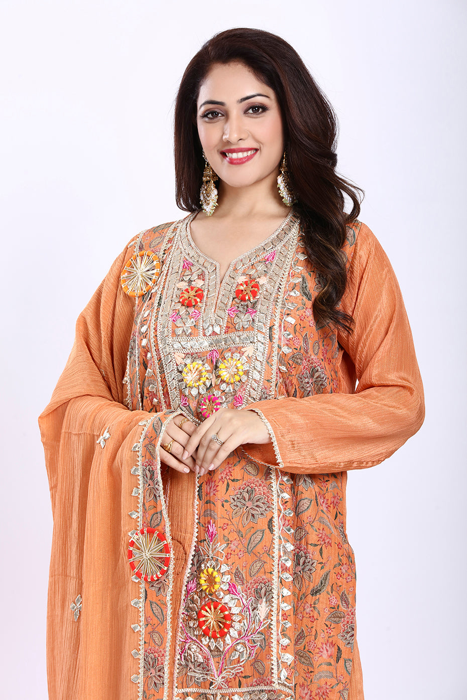 Rust Orange Kurta Palazzo Set with Dupatta in Crush Tissue Fabric