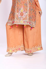 Rust Orange Kurta Palazzo Set with Dupatta in Crush Tissue Fabric