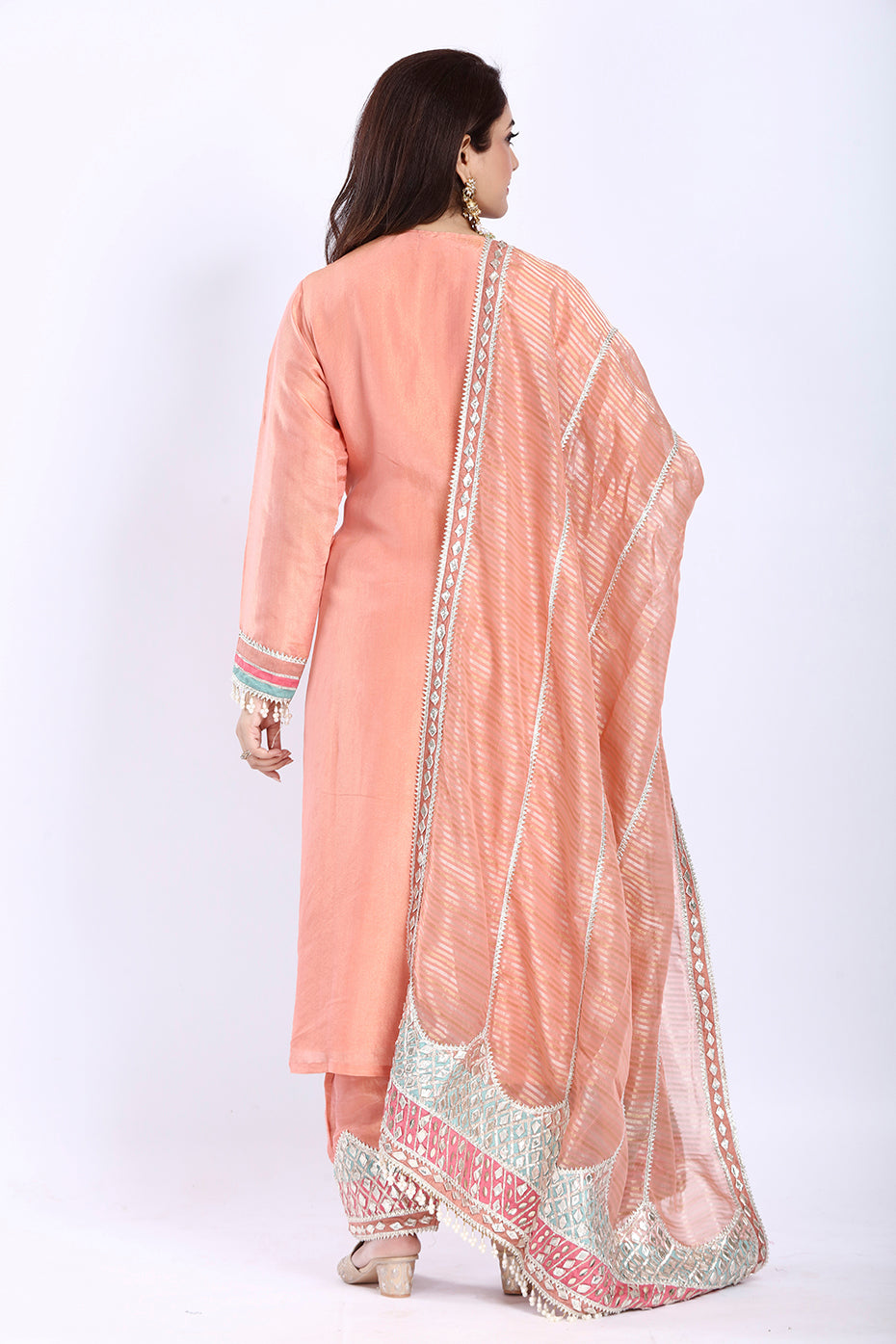 Peach Tissue Long Kurti with Pant and Organza Dupatta