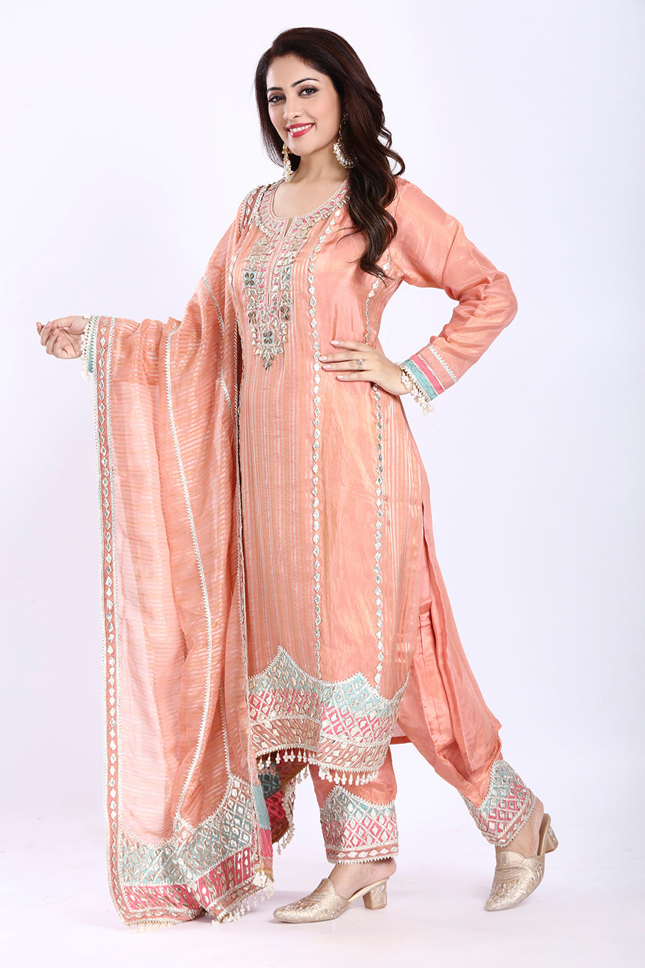 Peach Tissue Long Kurti with Pant and Organza Dupatta