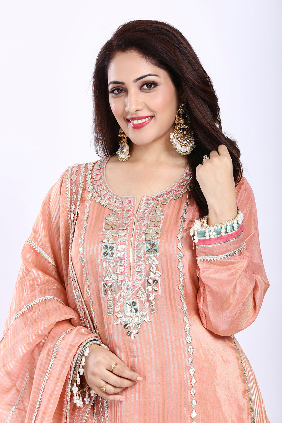 Peach Tissue Long Kurti with Pant and Organza Dupatta