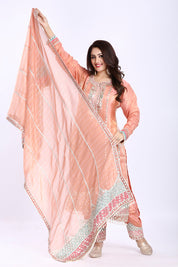 Peach Tissue Long Kurti with Pant and Organza Dupatta