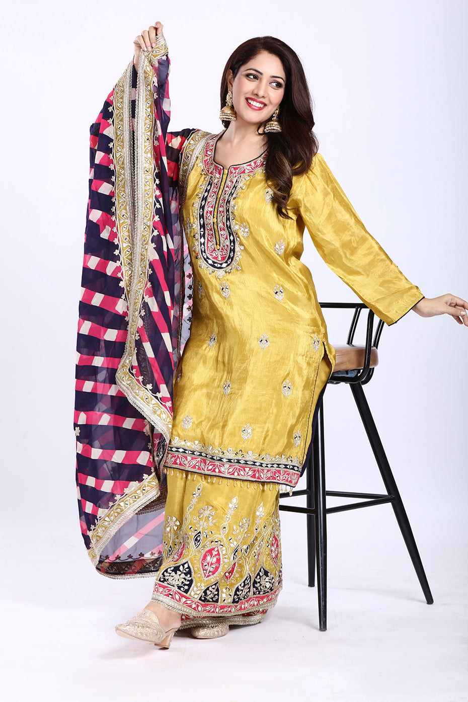 Mustard Yellow Floor-Length Kurta Garara with Printed Dupatta in Tissue Fabric