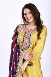 Mustard Yellow Floor-Length Kurta Garara with Printed Dupatta in Tissue Fabric