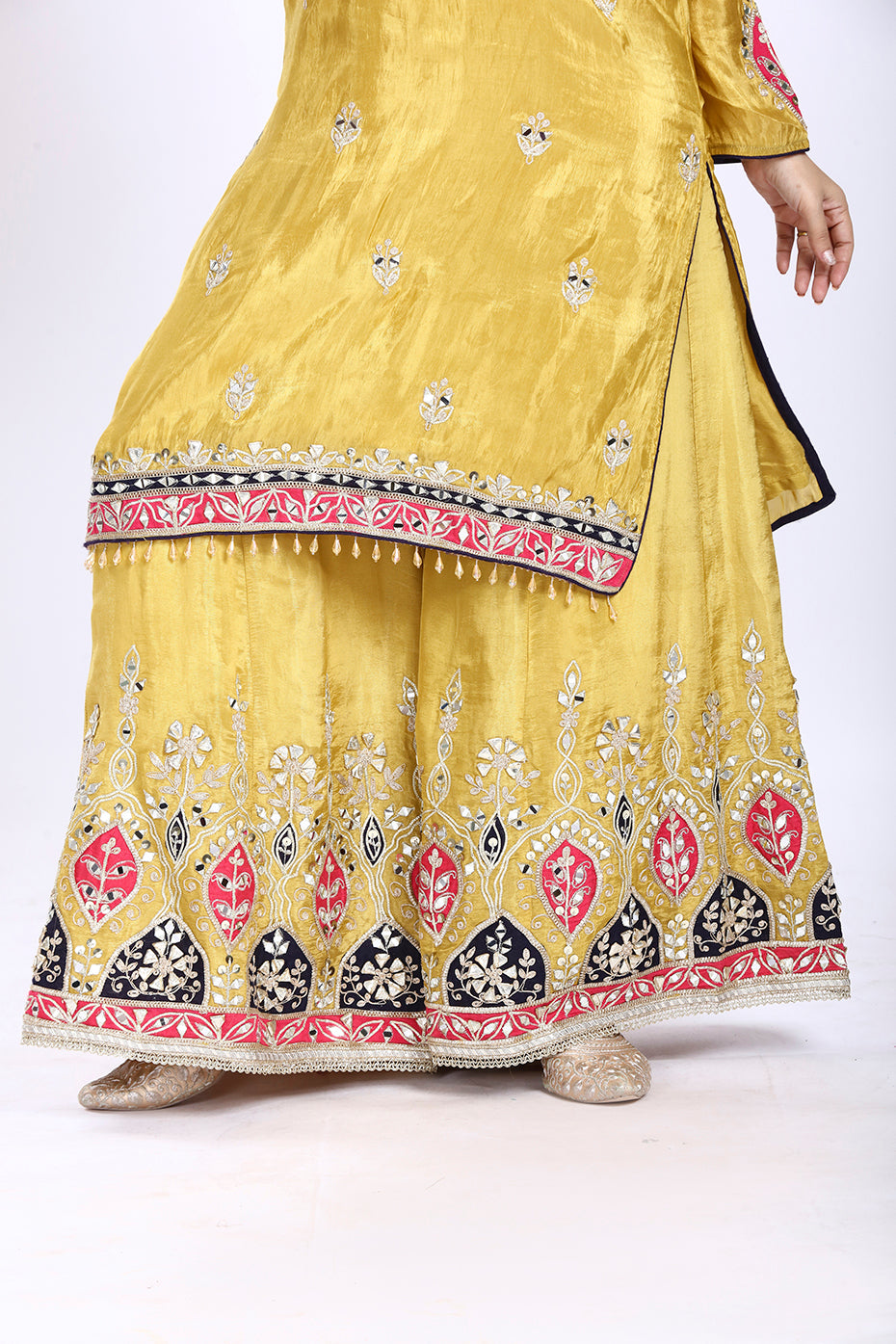 Mustard Yellow Floor-Length Kurta Garara with Printed Dupatta in Tissue Fabric