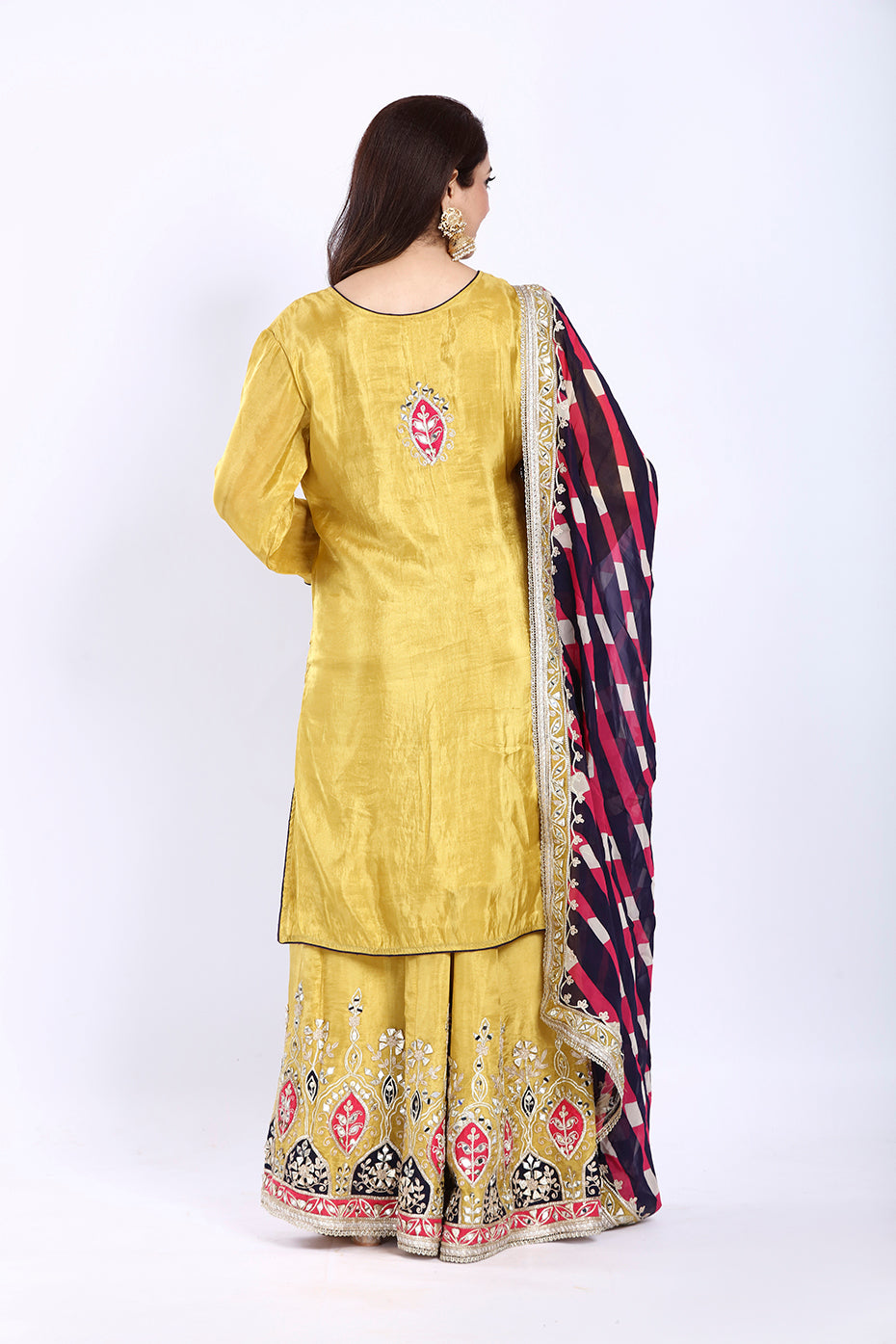 Mustard Yellow Floor-Length Kurta Garara with Printed Dupatta in Tissue Fabric