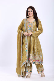 Henna Green Short Anarkali with Dupatta and Straight Pants in Banarasi Weaving Fabric