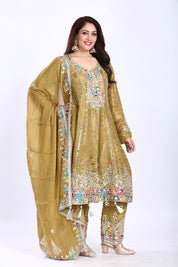 Henna Green Short Anarkali with Dupatta and Straight Pants in Banarasi Weaving Fabric