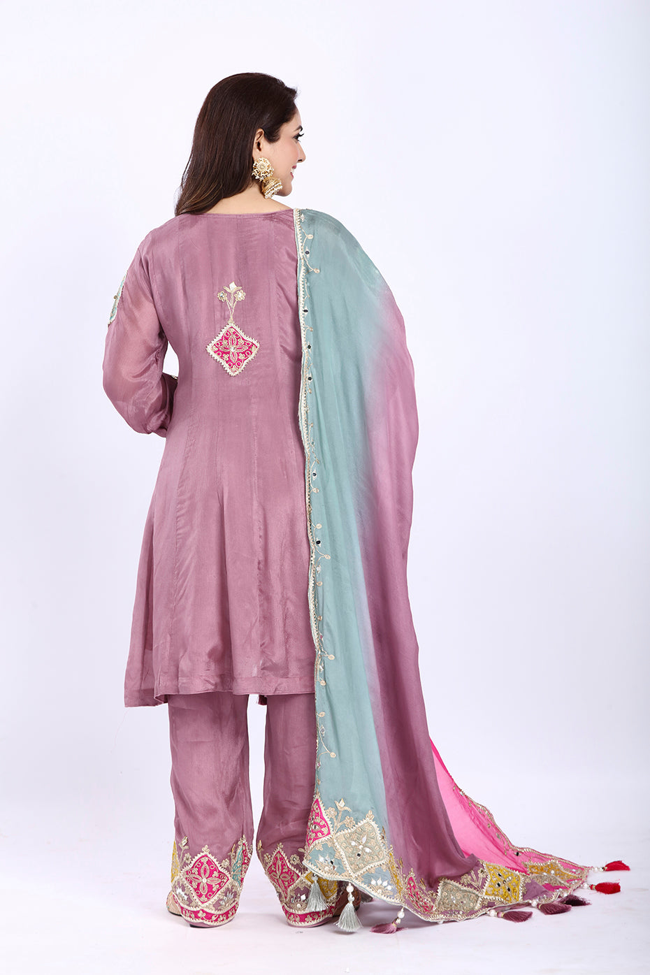 Onion Pink Multi-Color Short Anarkali with Ombre Dupatta and Straight Pants