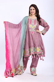 Onion Pink Multi-Color Short Anarkali with Ombre Dupatta and Straight Pants