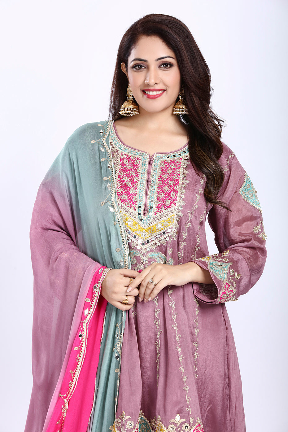 Onion Pink Multi-Color Short Anarkali with Ombre Dupatta and Straight Pants