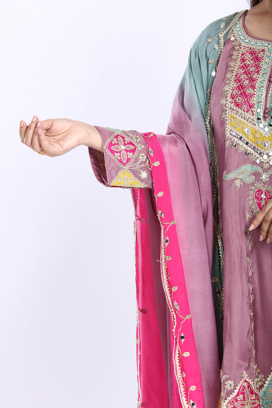 Onion Pink Multi-Color Short Anarkali with Ombre Dupatta and Straight Pants