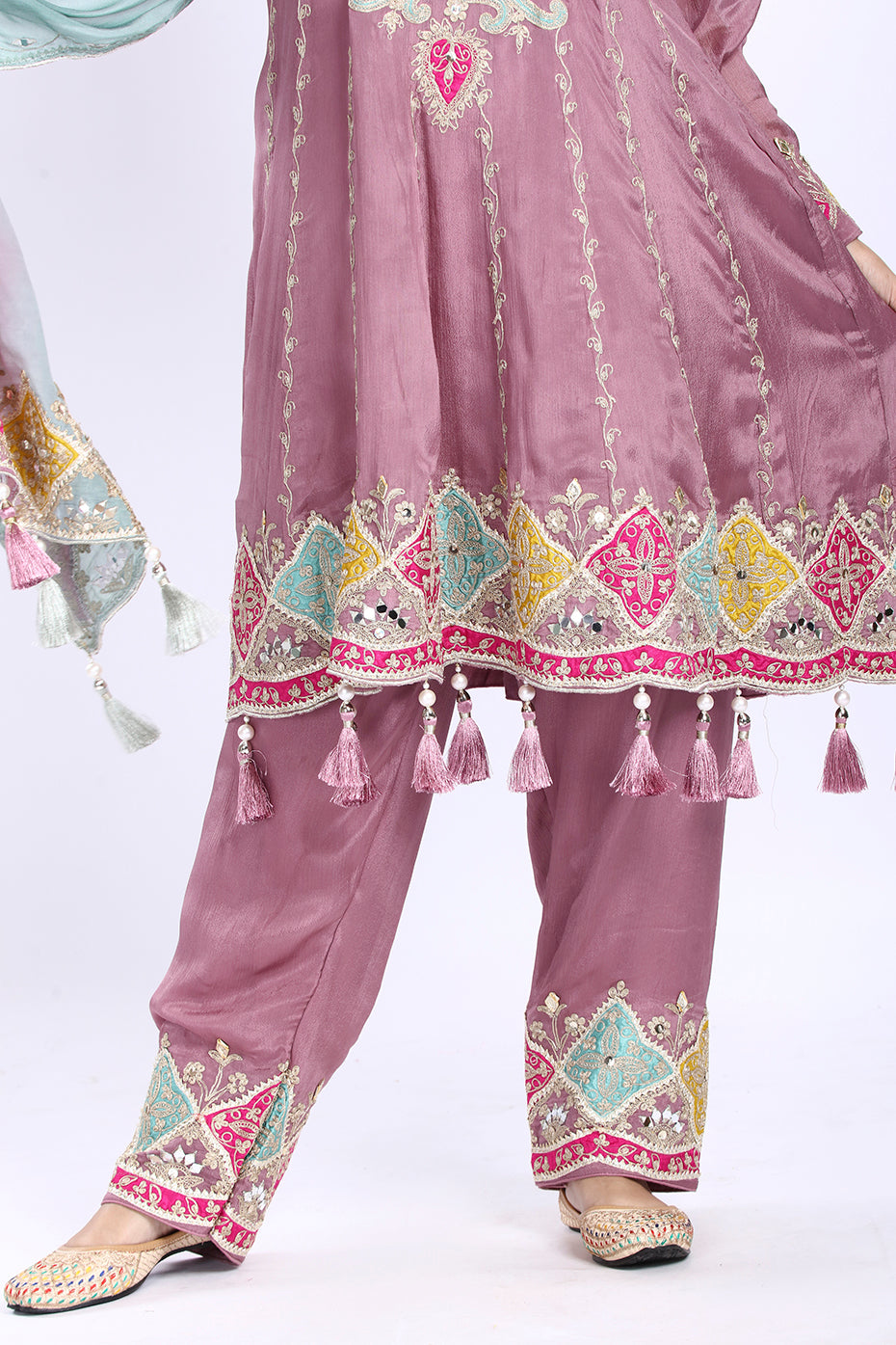 Onion Pink Multi-Color Short Anarkali with Ombre Dupatta and Straight Pants