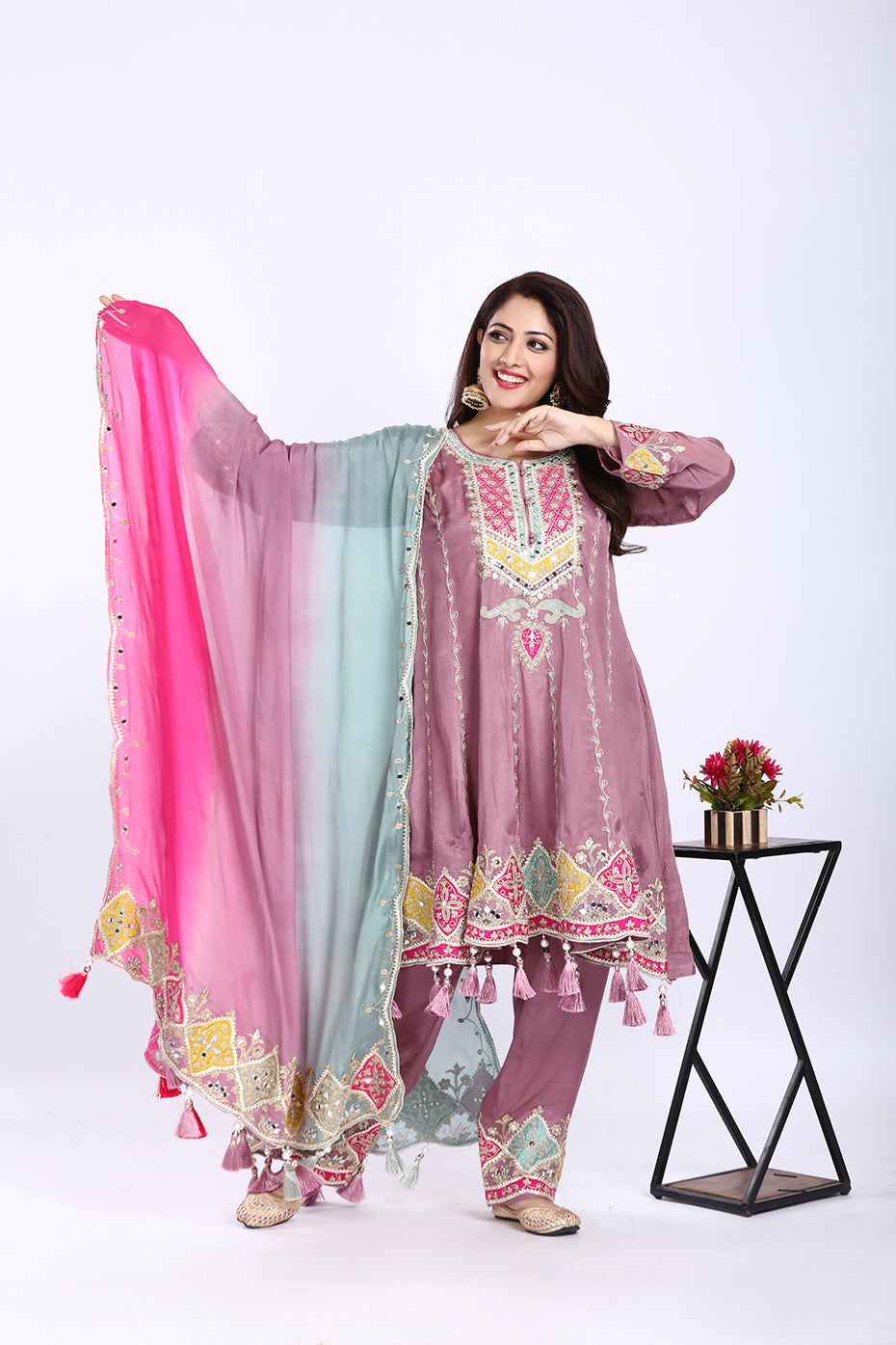 Onion Pink Multi-Color Short Anarkali with Ombre Dupatta and Straight Pants