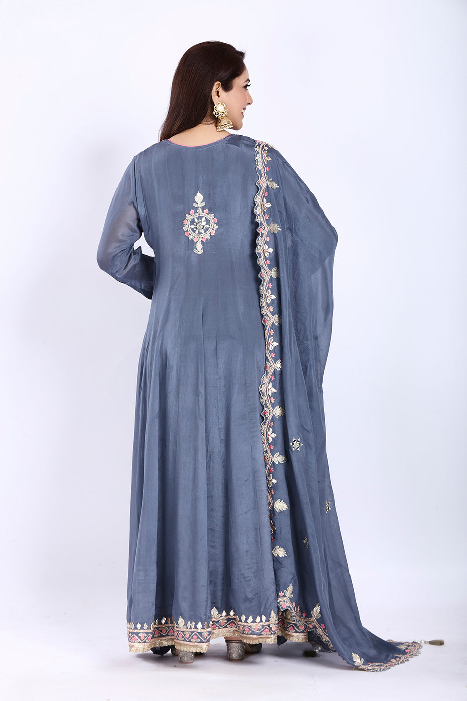 Blueish Grey Floor-Length Anarkali with Dupatta in Chinon Fabric