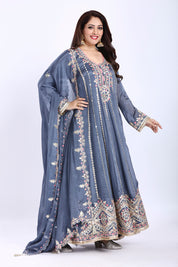 Blueish Grey Floor-Length Anarkali with Dupatta in Chinon Fabric