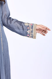 Blueish Grey Floor-Length Anarkali with Dupatta in Chinon Fabric