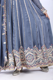 Blueish Grey Floor-Length Anarkali with Dupatta in Chinon Fabric