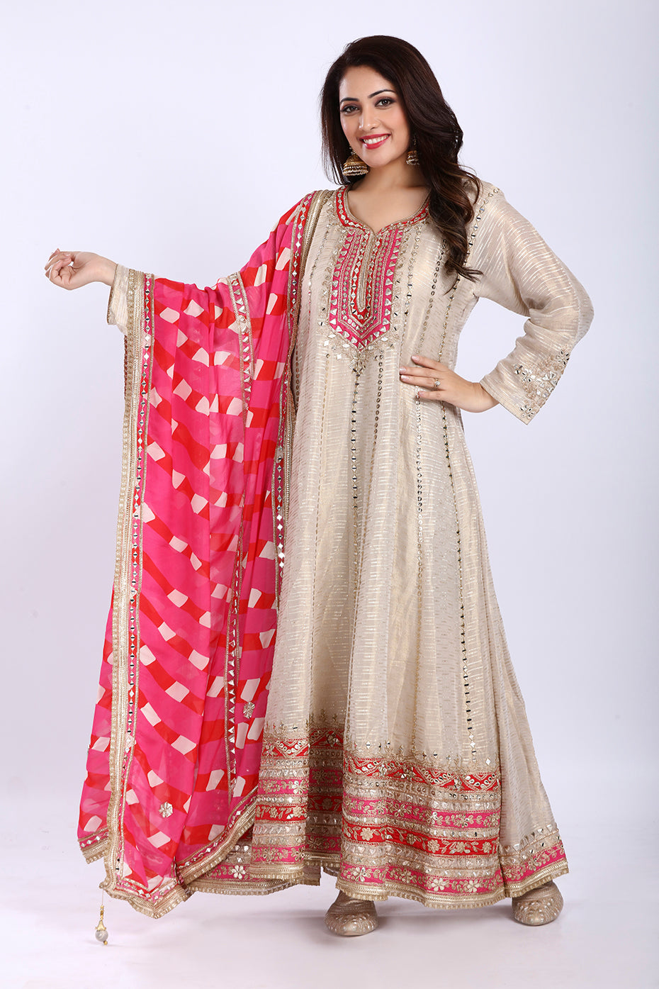 Ivory and Pink Floor-Length Anarkali with Printed Dupatta in Tissue Fabric