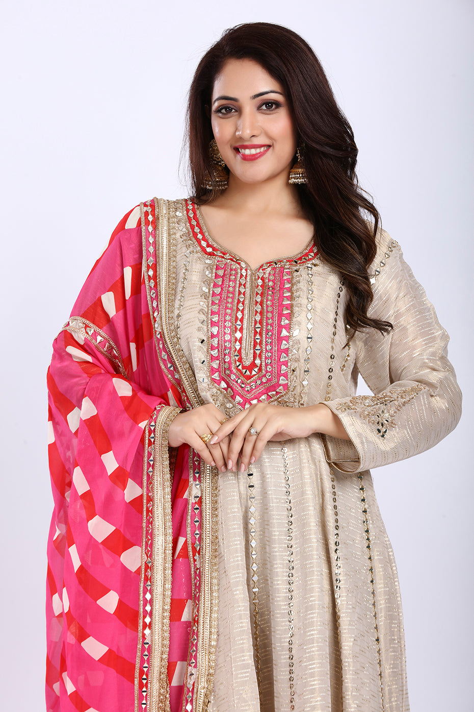 Ivory and Pink Floor-Length Anarkali with Printed Dupatta in Tissue Fabric