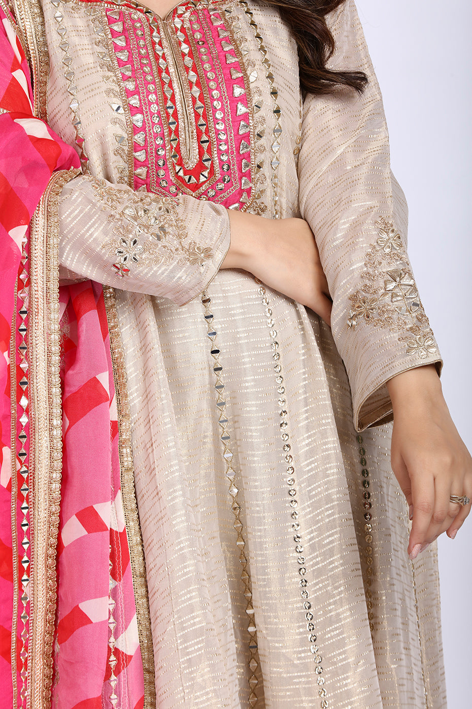 Ivory and Pink Floor-Length Anarkali with Printed Dupatta in Tissue Fabric