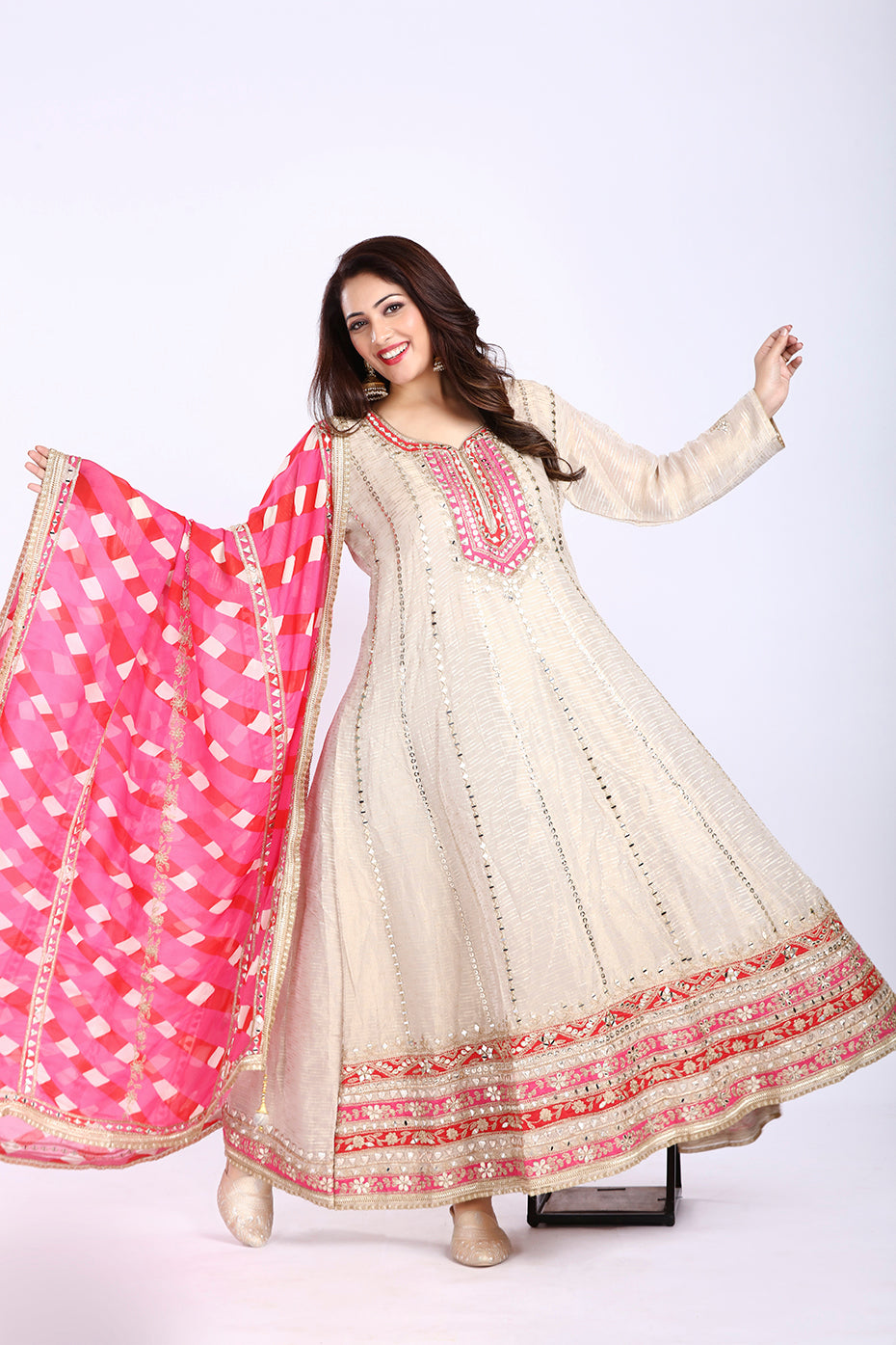 Ivory and Pink Floor-Length Anarkali with Printed Dupatta in Tissue Fabric