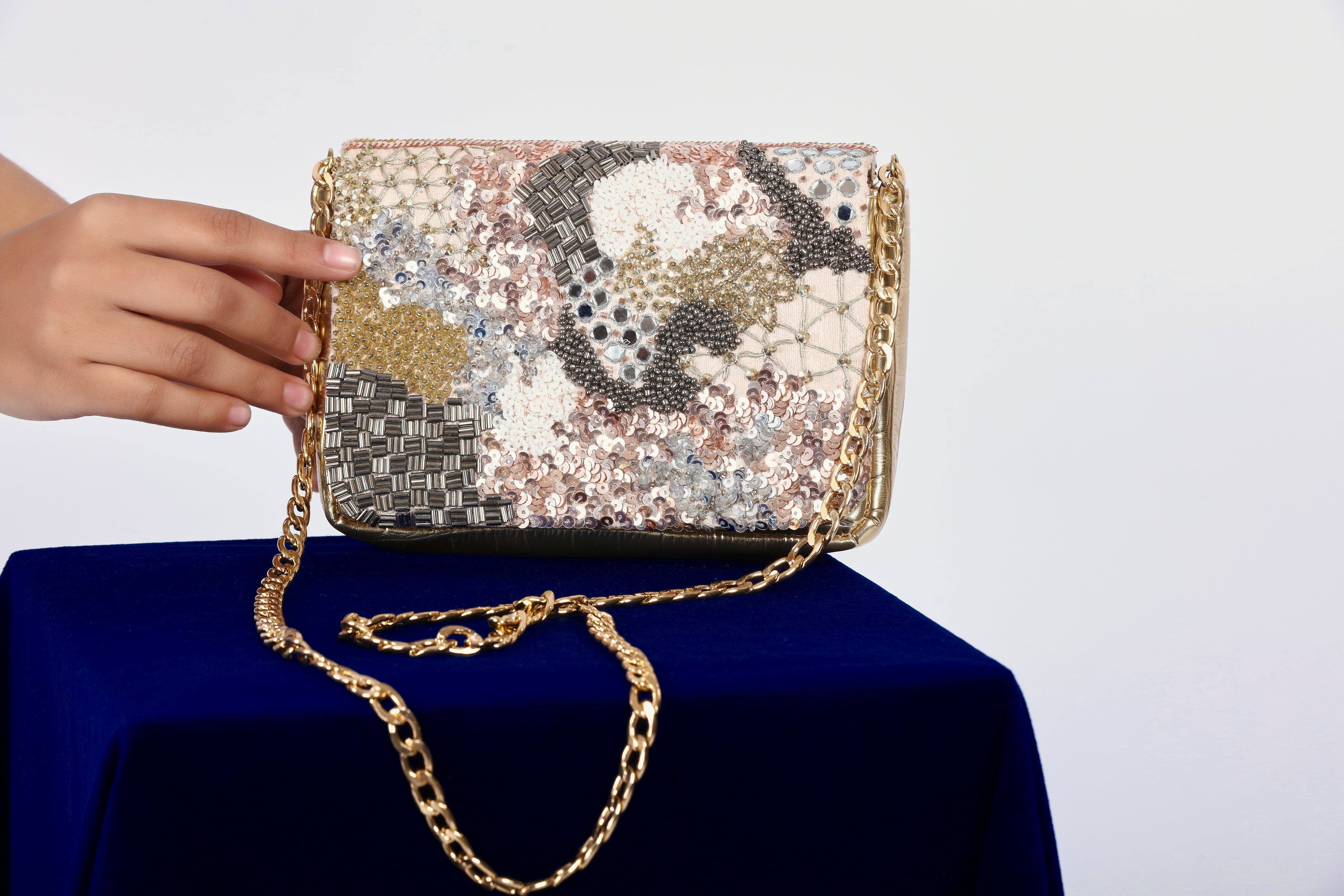 Golden Sequined Croc-Pattern Sling Bag