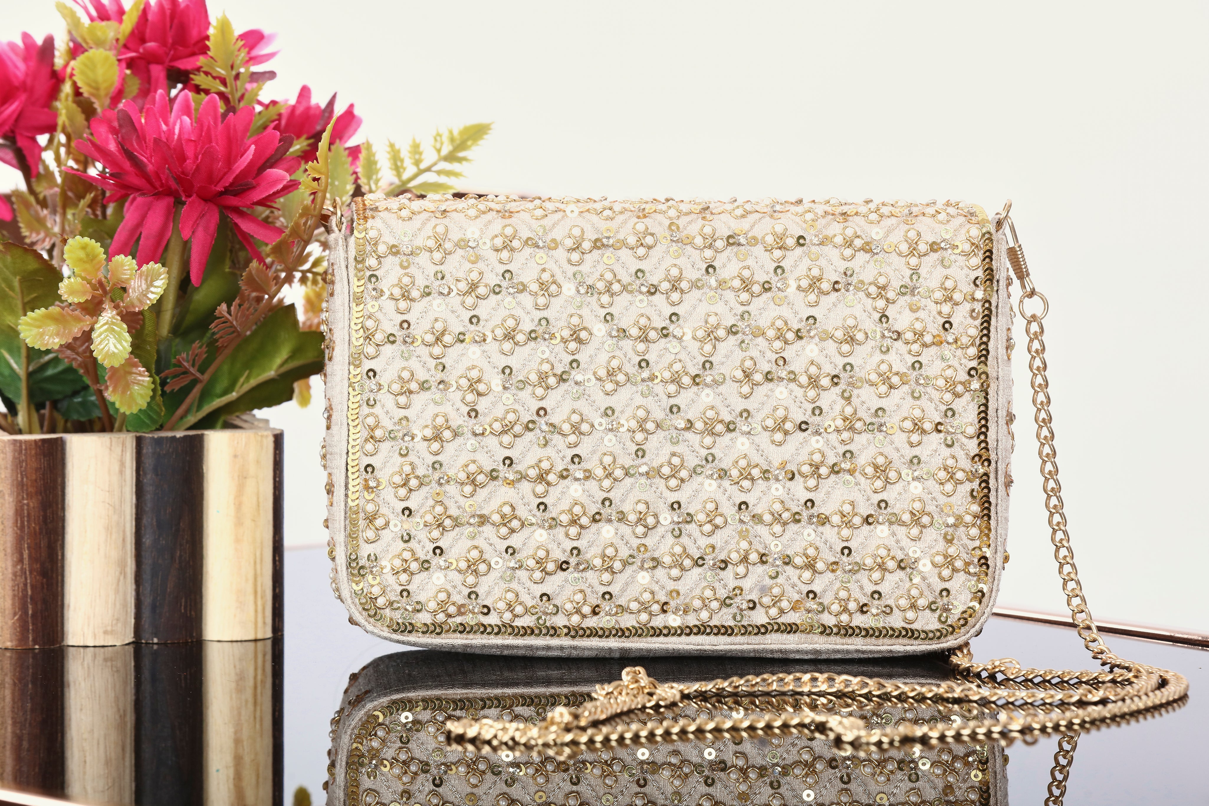 Golden Sequins Embellished Party Clutch