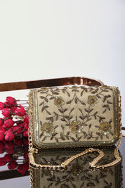 Golden Embroidered Floral Clutch