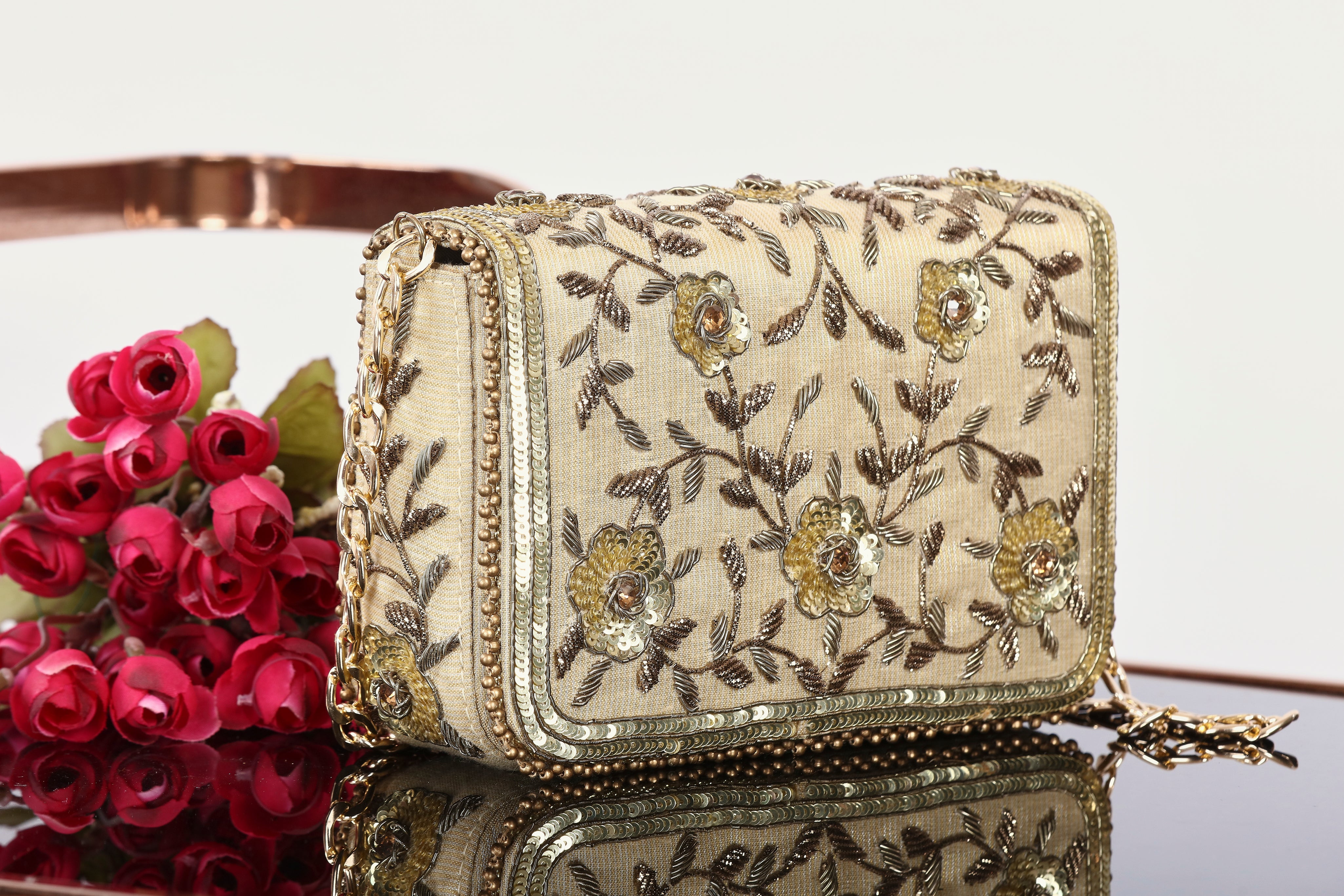 Golden Embroidered Floral Clutch