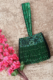 Elegant Green Embroidered Potli Bag with Beaded Tassels