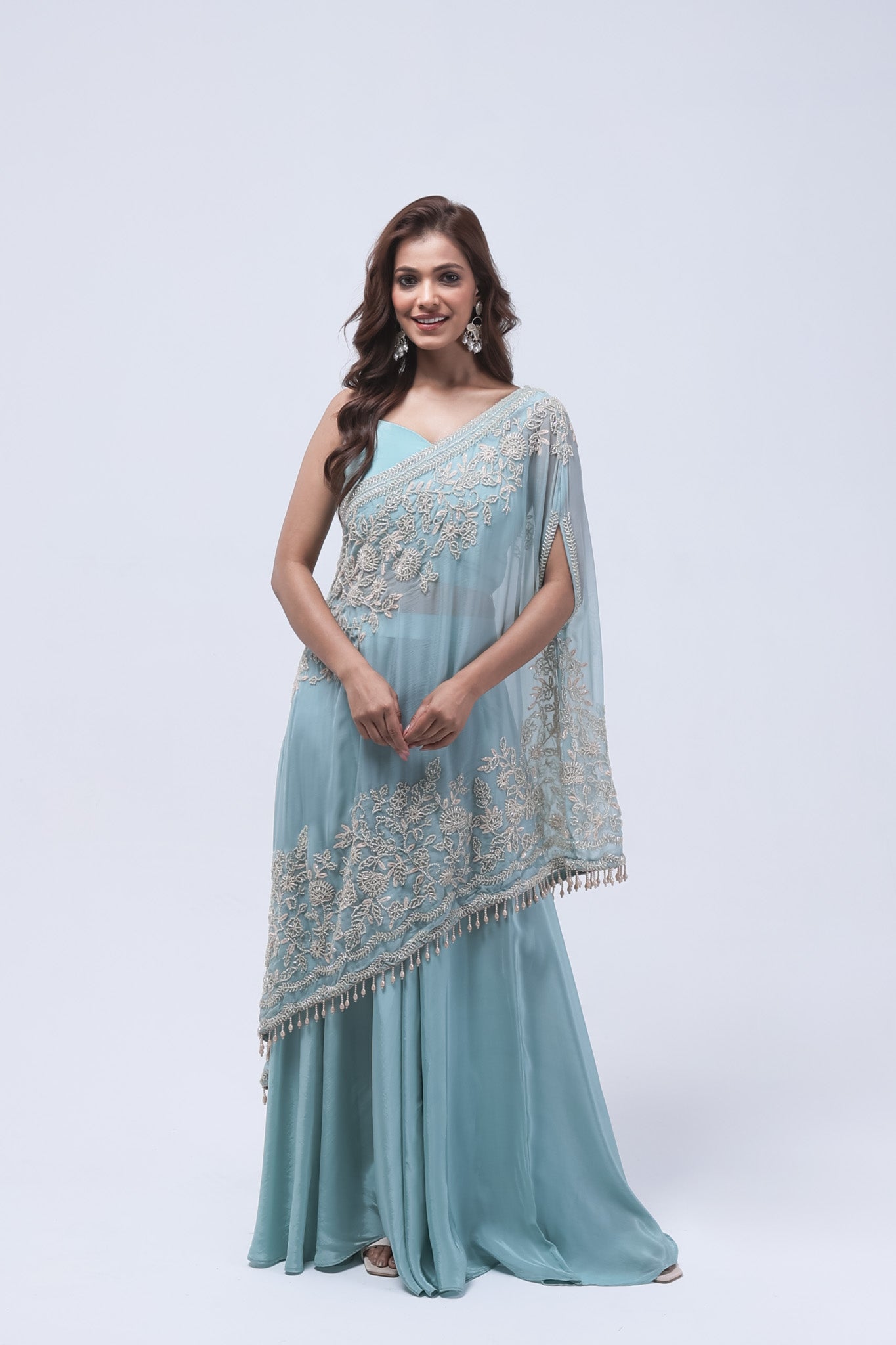 Pastel Blue One Shoulder Indo-Western Dress