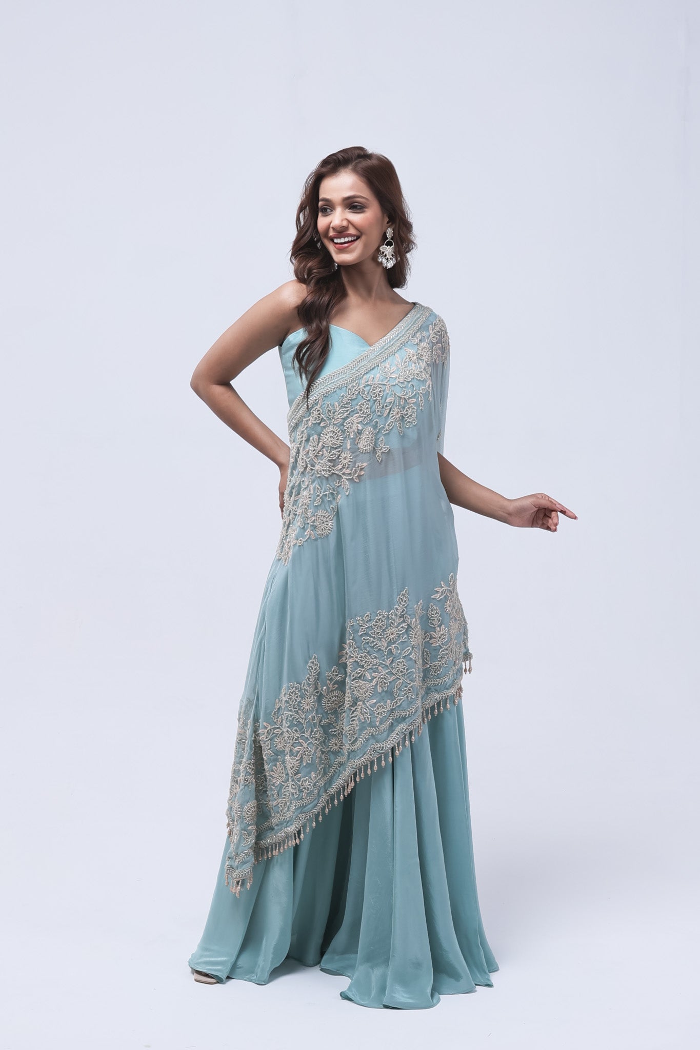 Pastel Blue One Shoulder Indo-Western Dress