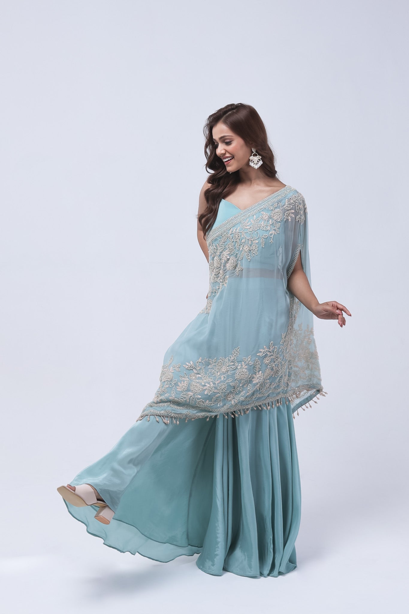 Pastel Blue One Shoulder Indo-Western Dress