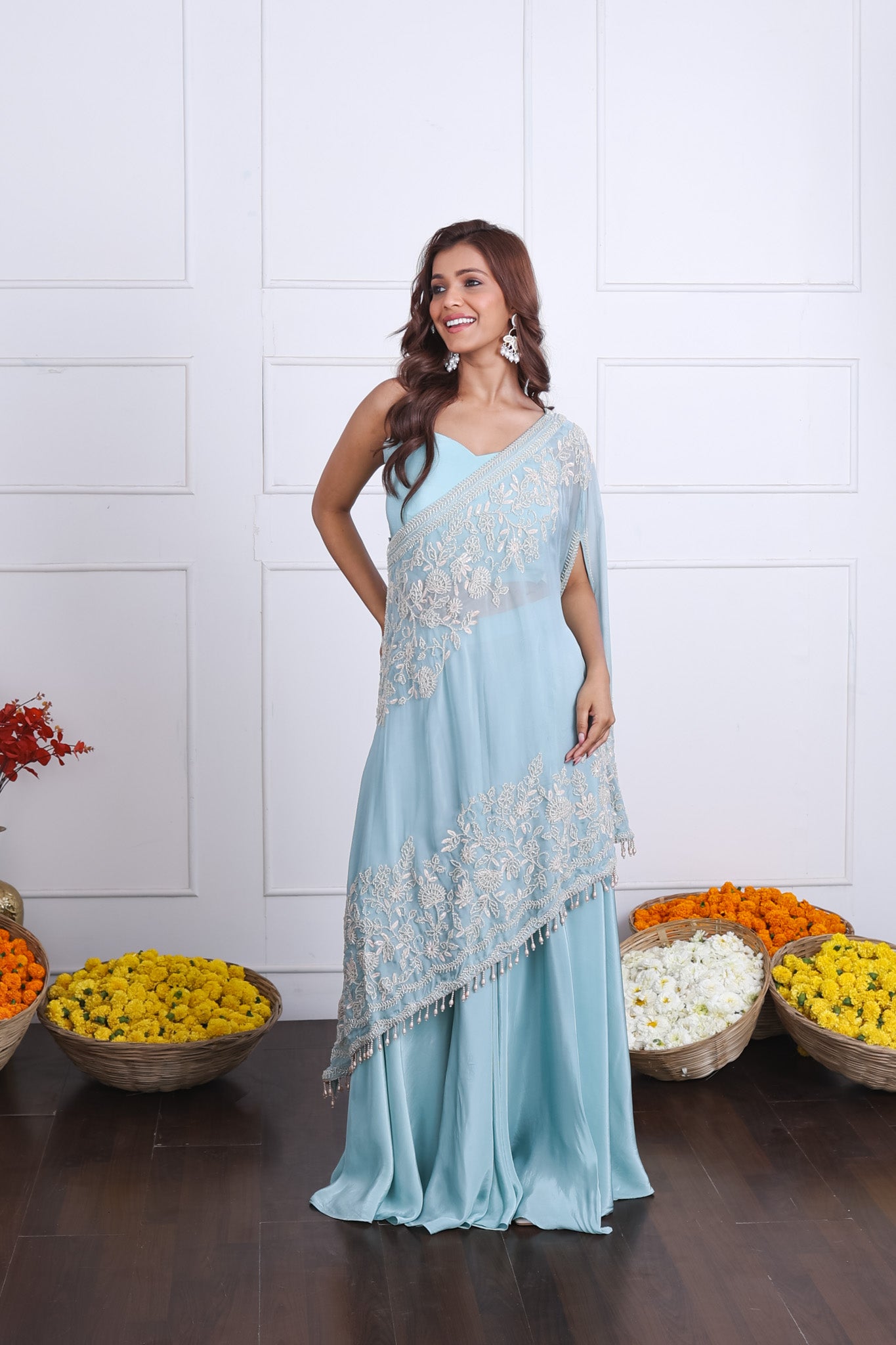 Pastel Blue One Shoulder Indo-Western Dress