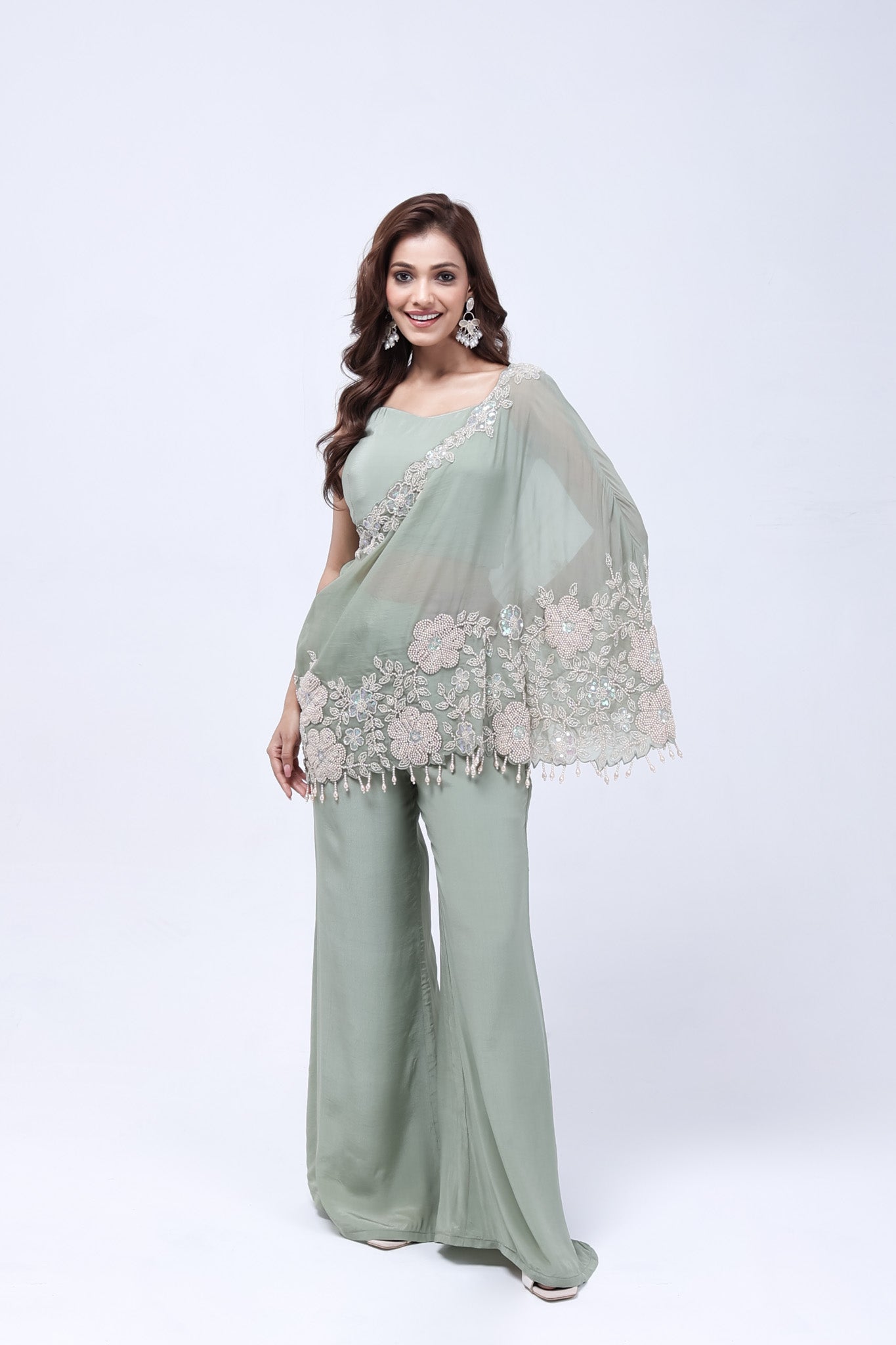 Sage Green One Shoulder Indo-Western Dress Tulsistudiolifestyle Sage Green One Shoulder Indo-Western Dress Tulsistudiolifestyle