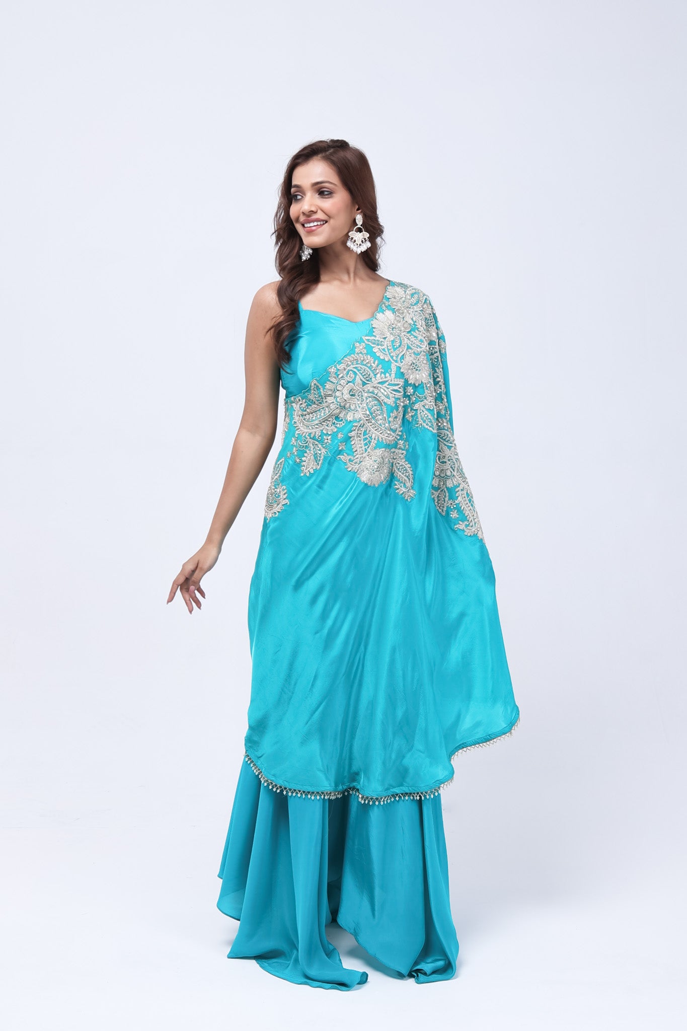 Teal Blue One Shoulder Indo-Western Dress